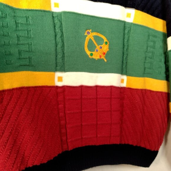 Vintage 1990s Emerald Isle Sweater Men Medium Colorblock Celtic Brooch Ireland - Picture 13 of 14